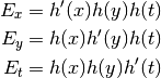 E_x = h'(x)h(y)h(t)\\ 
E_y = h(x)h'(y)h(t)\\ 
E_t = h(x)h(y)h'(t)\\