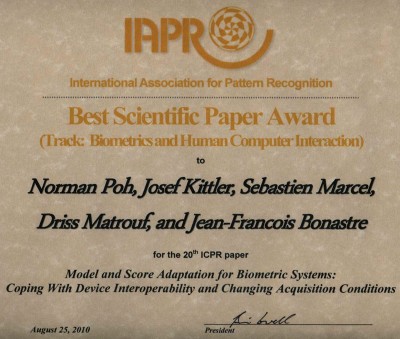 ICPR 2010 Best Scientific Paper Award